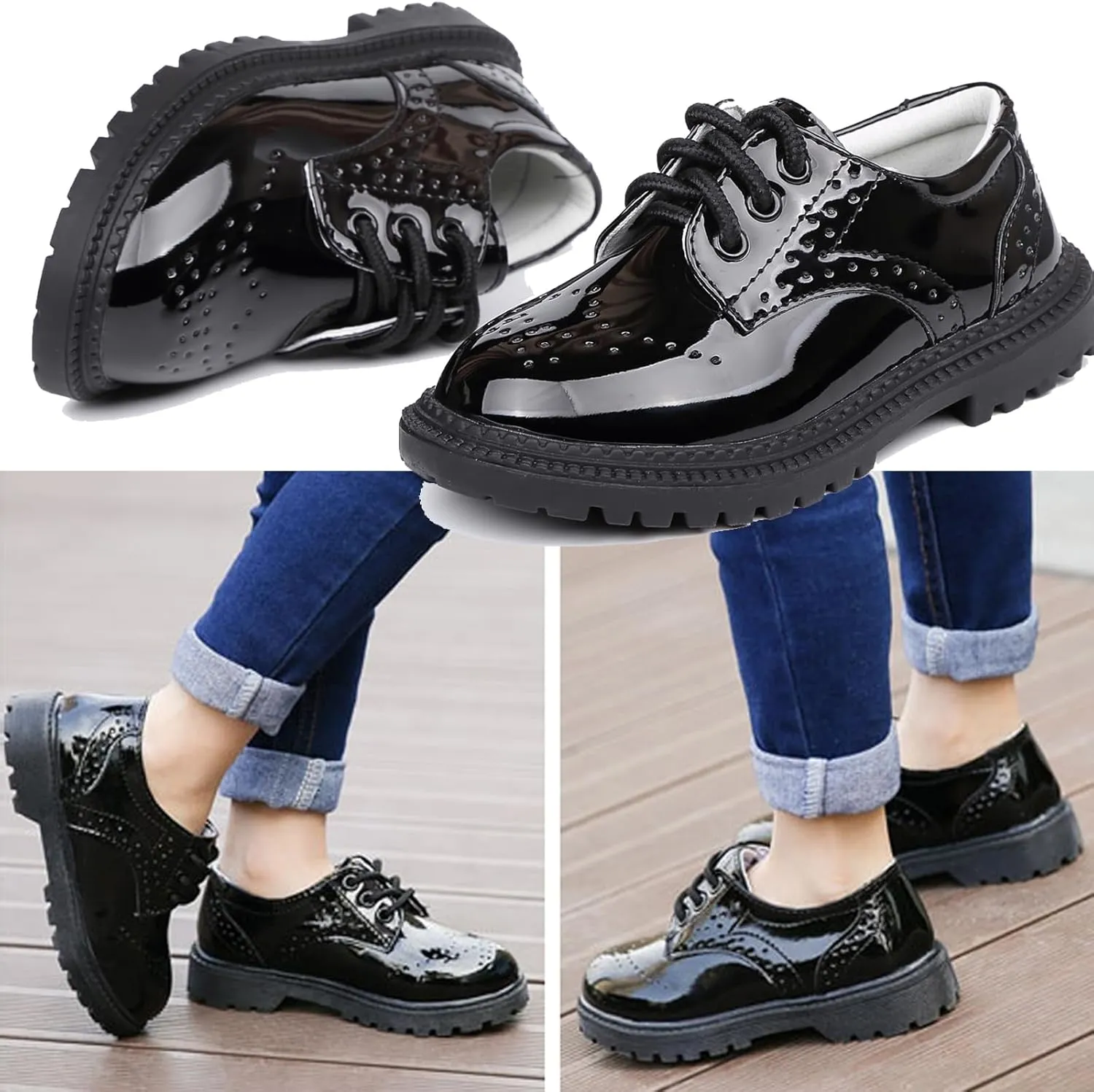 WUIWUIYU Toddlers Little Ring Bearer Wedding Lace-Up Oxfords Flats Brogues Boys School Uniform Dress Shoes