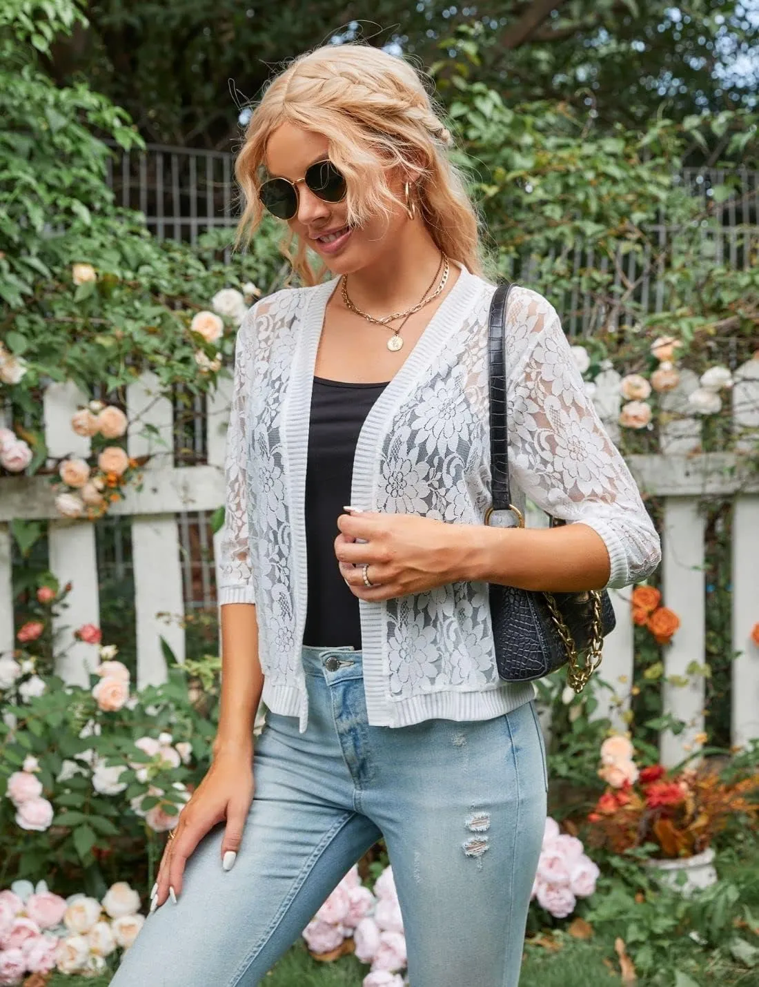 Xunger Women’s 3/4 Sleeve Lace Cardigan Casual Open Front Floral Lace Shrug Summer Cover Up