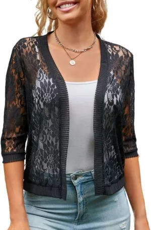 Xunger Women’s 3/4 Sleeve Lace Cardigan Casual Open Front Floral Lace Shrug Summer Cover Up
