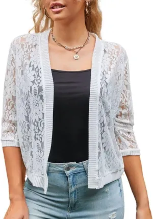 Xunger Women’s 3/4 Sleeve Lace Cardigan Casual Open Front Floral Lace Shrug Summer Cover Up