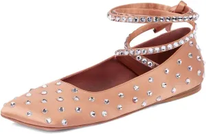 XYD Women Crystal Lace Up Flats Fashion Square Closed Toe Ankle Strappy Ballet Party Dating Shoes
