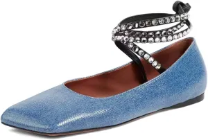 XYD Women Crystal Lace Up Flats Fashion Square Closed Toe Ankle Strappy Ballet Party Dating Shoes