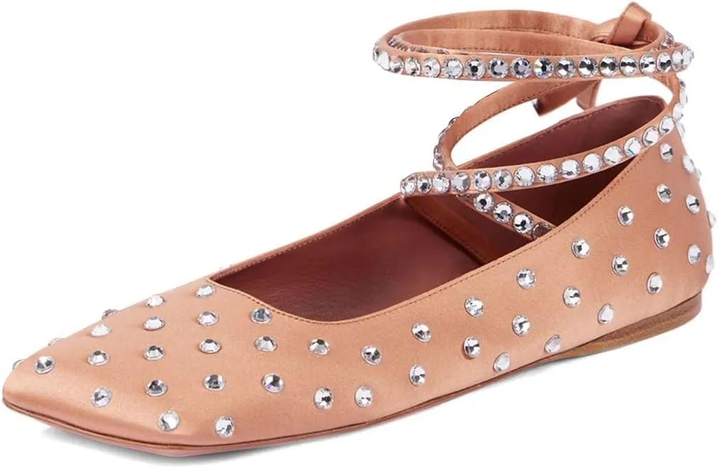 XYD Women Crystal Lace Up Flats Fashion Square Closed Toe Ankle Strappy Ballet Party Dating Shoes