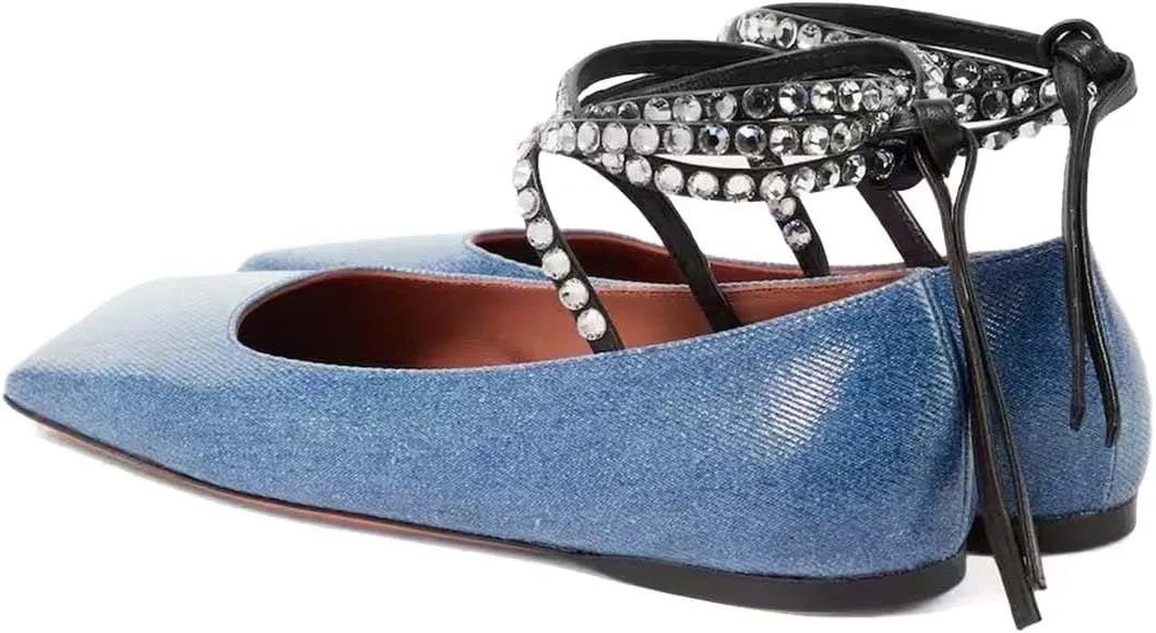 XYD Women Crystal Lace Up Flats Fashion Square Closed Toe Ankle Strappy Ballet Party Dating Shoes