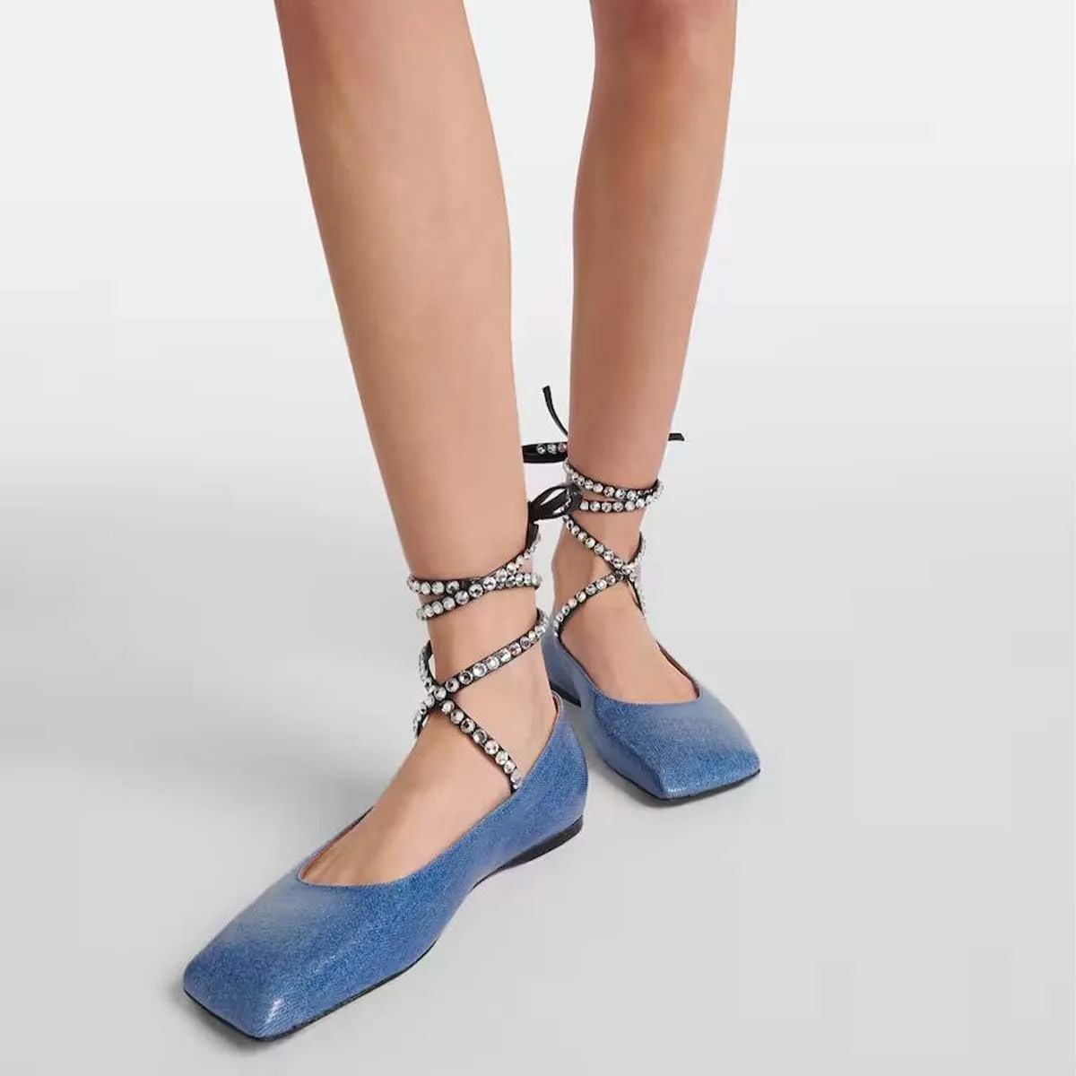XYD Women Crystal Lace Up Flats Fashion Square Closed Toe Ankle Strappy Ballet Party Dating Shoes