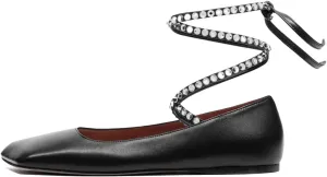 XYD Women Crystal Lace Up Flats Fashion Square Closed Toe Ankle Strappy Ballet Party Dating Shoes