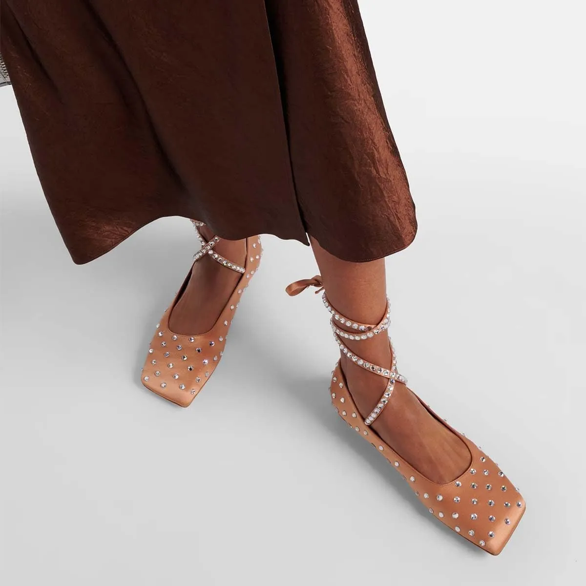 XYD Women Crystal Lace Up Flats Fashion Square Closed Toe Ankle Strappy Ballet Party Dating Shoes