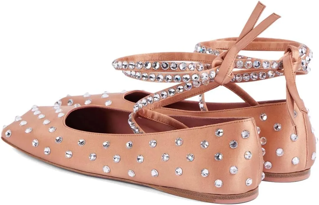 XYD Women Crystal Lace Up Flats Fashion Square Closed Toe Ankle Strappy Ballet Party Dating Shoes