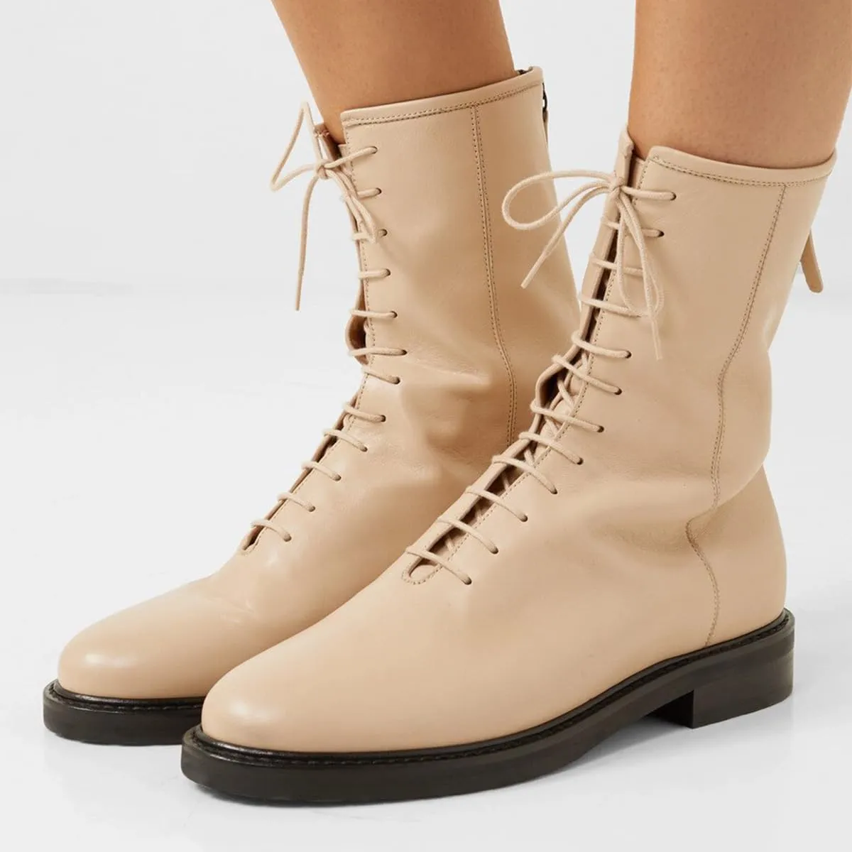 XYD Women Girls Combat Boots Lug Sole Stacked Chunky Heel Front Lace Up Back Zipper Flat Ankle Booties Fashion Walking Daily Shoes