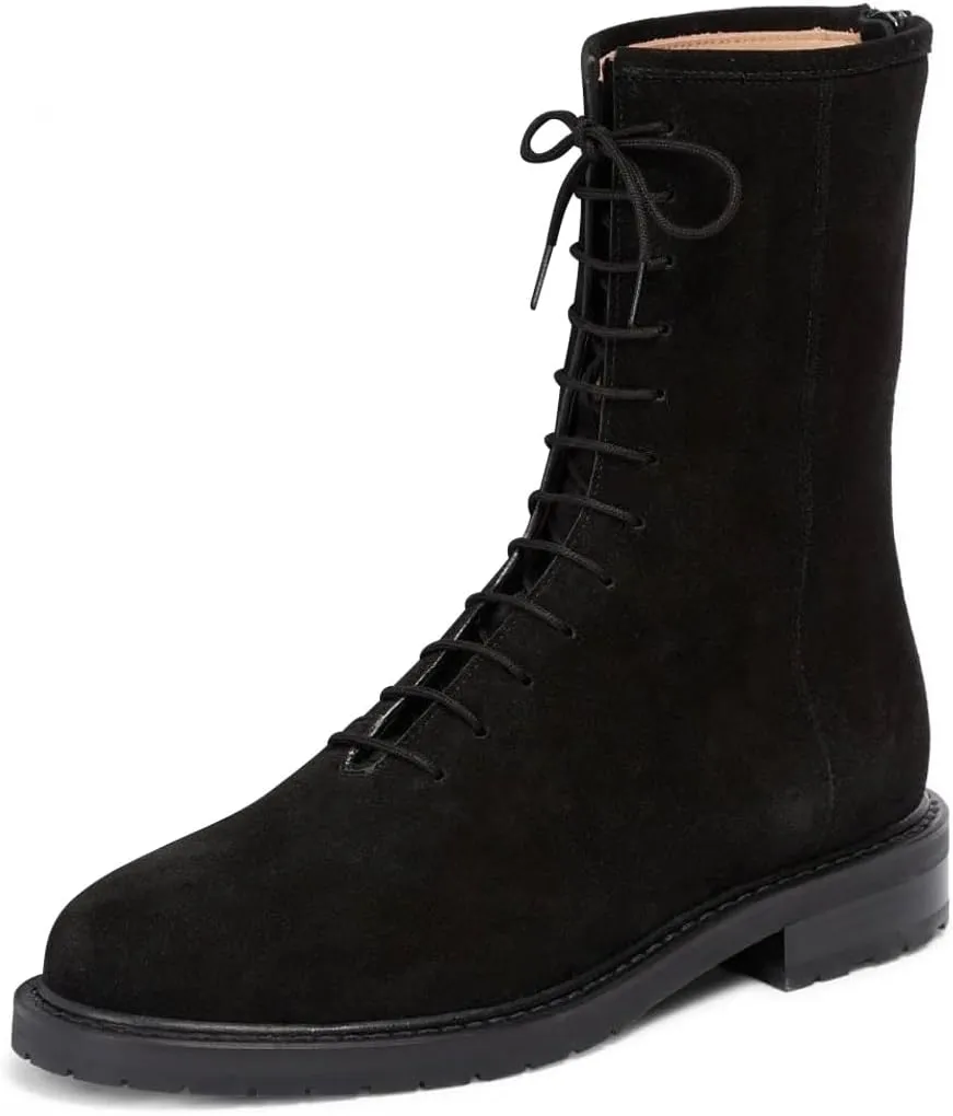 XYD Women Girls Combat Boots Lug Sole Stacked Chunky Heel Front Lace Up Back Zipper Flat Ankle Booties Fashion Walking Daily Shoes