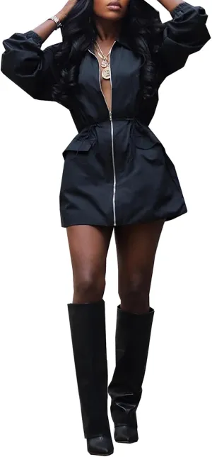 XZLUFNY Casual Safari Dress for Women Long Sleeve Zipper Drawstring Cargo Dresses
