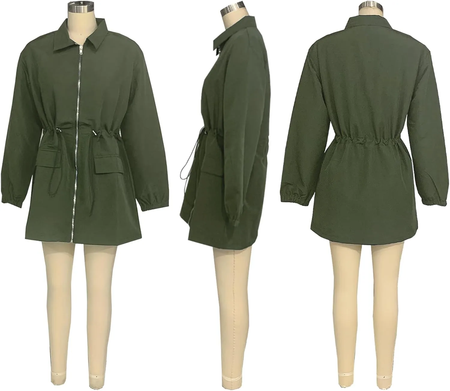 XZLUFNY Casual Safari Dress for Women Long Sleeve Zipper Drawstring Cargo Dresses