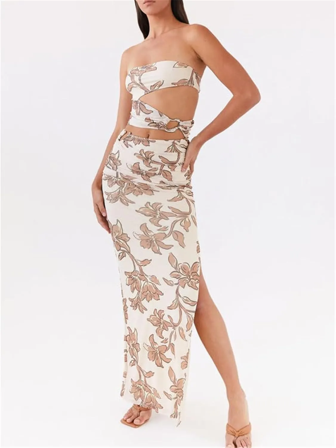 Y2k Cut Out Strapless Maxi Dress for Women Satin Backless Tube Long Bodycon Dresses Sexy Cocktail Beach Sundress