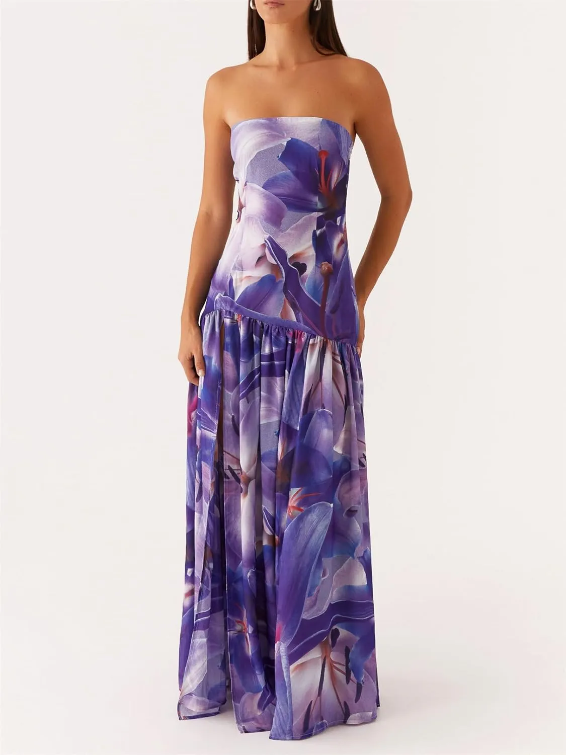 Y2k Cut Out Strapless Maxi Dress for Women Satin Backless Tube Long Bodycon Dresses Sexy Cocktail Beach Sundress