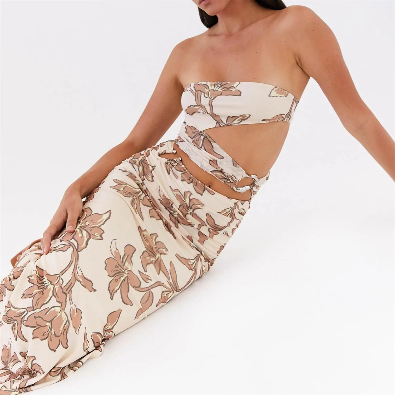 Y2k Cut Out Strapless Maxi Dress for Women Satin Backless Tube Long Bodycon Dresses Sexy Cocktail Beach Sundress