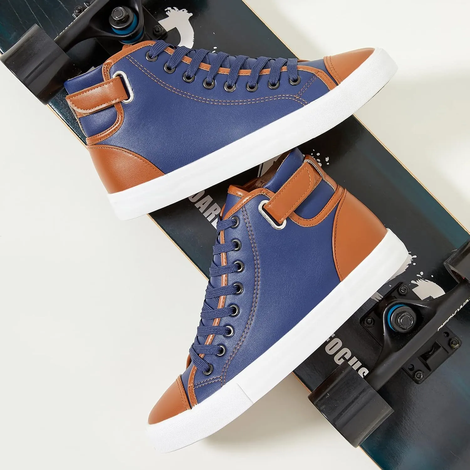 yageyan Men White high top Sneakers for Casual Black pu Leather Fashion Shoes for Men