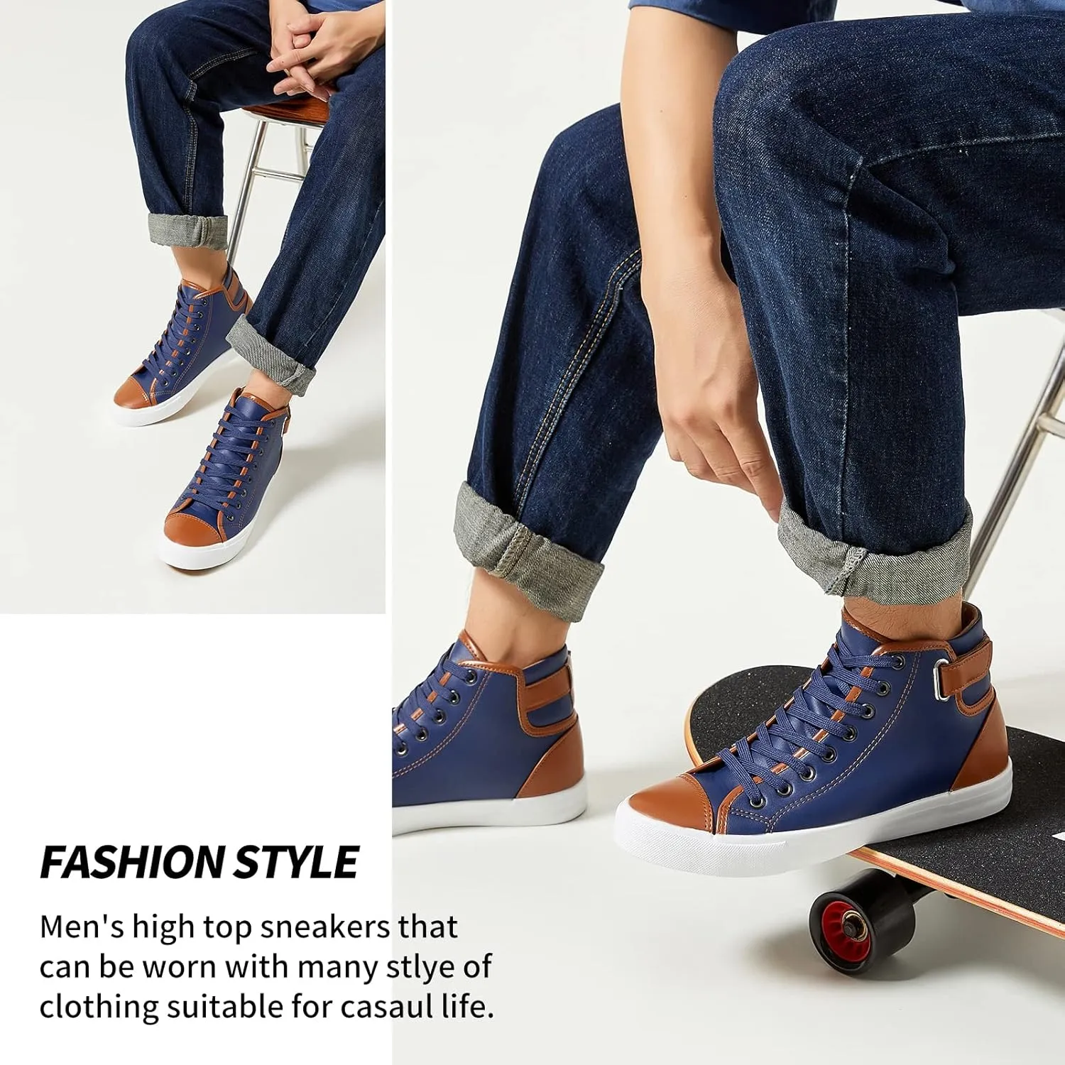 yageyan Men White high top Sneakers for Casual Black pu Leather Fashion Shoes for Men