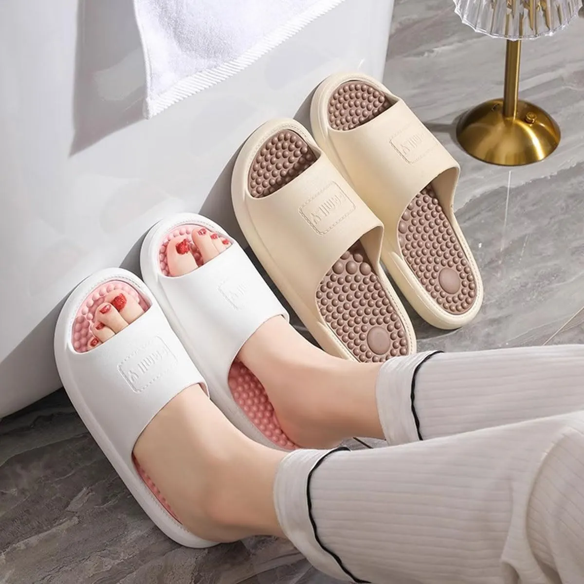 YCKEGEW Mens Womens Massaging Slipper, Bathroom Shower Shoes,Foot Massager for Plantar Fasciitis Acupressure Slippers House Slipper(White Pink,40-41 EU)
