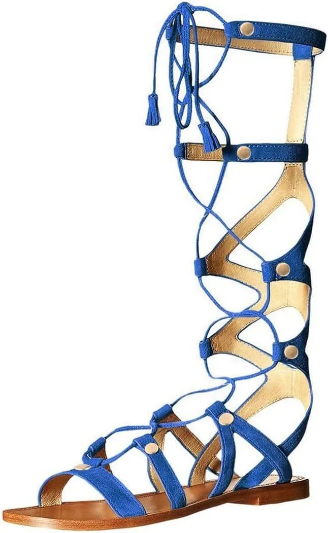 YDN Women Sexy Knee High Lace up Flats Fringe Low Heel Gladiator Strap Sandals Shoe