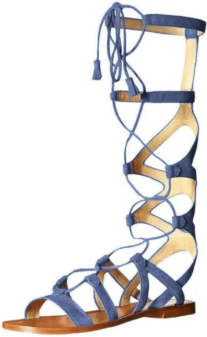 YDN Women Sexy Knee High Lace up Flats Fringe Low Heel Gladiator Strap Sandals Shoe