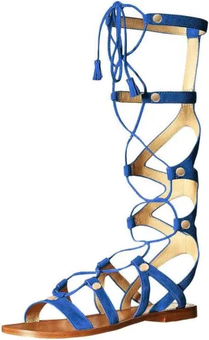 YDN Women Sexy Knee High Lace up Flats Fringe Low Heel Gladiator Strap Sandals Shoe