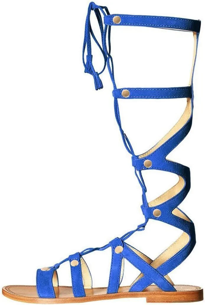 YDN Women Sexy Knee High Lace up Flats Fringe Low Heel Gladiator Strap Sandals Shoe
