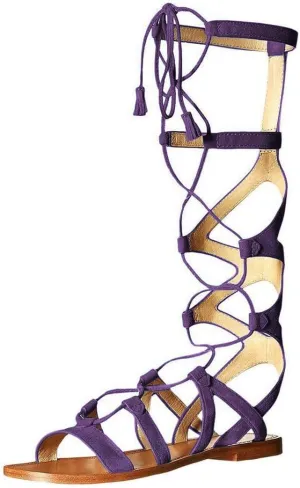YDN Women Sexy Knee High Lace up Flats Fringe Low Heel Gladiator Strap Sandals Shoe