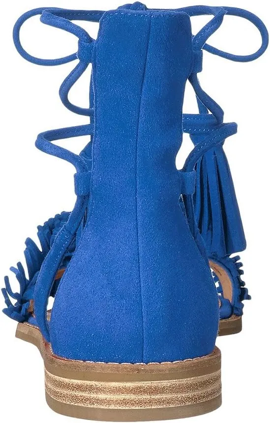 YDN Women's Stacked Low Heels Fringes Sandals Open Toe Flats Lace up Night Club Shoe