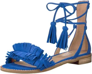 YDN Women's Stacked Low Heels Fringes Sandals Open Toe Flats Lace up Night Club Shoe