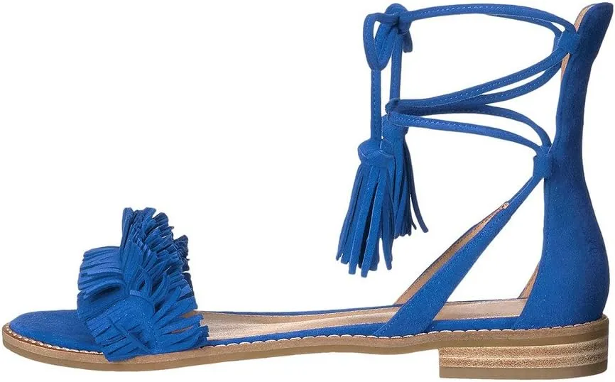 YDN Women's Stacked Low Heels Fringes Sandals Open Toe Flats Lace up Night Club Shoe