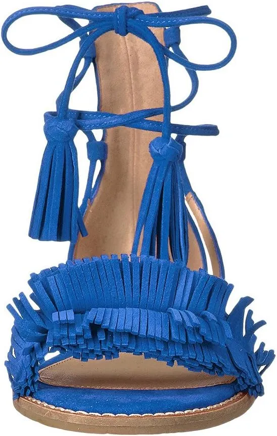 YDN Women's Stacked Low Heels Fringes Sandals Open Toe Flats Lace up Night Club Shoe