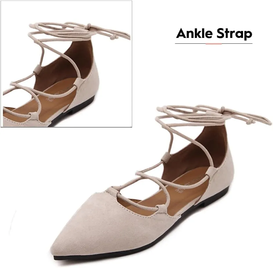 YIBLBOX Womens Sandal Pointy Toe Ankle Strap Wrap Ballet Flats Lace Up Wedding Party Sandals
