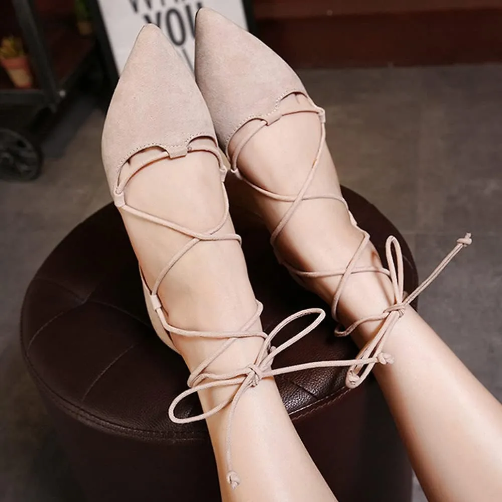 YIBLBOX Womens Sandal Pointy Toe Ankle Strap Wrap Ballet Flats Lace Up Wedding Party Sandals