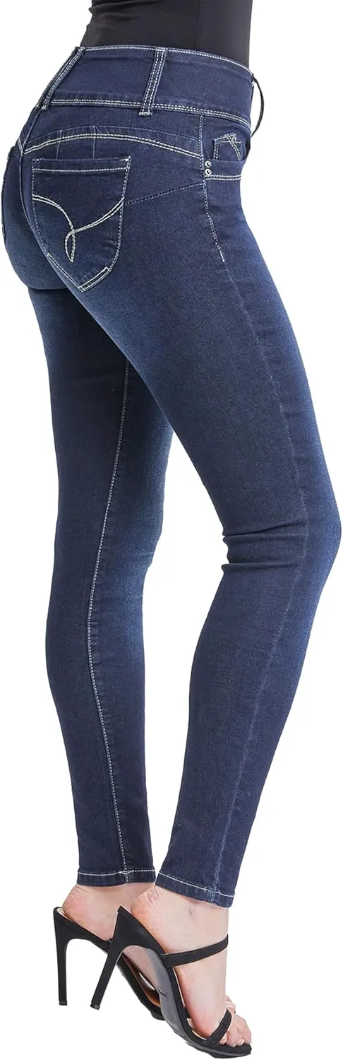 YMI Women's Junior Mid-Rise Wannabettabutt 3-Button Recycled Fibers Skinny Jeans