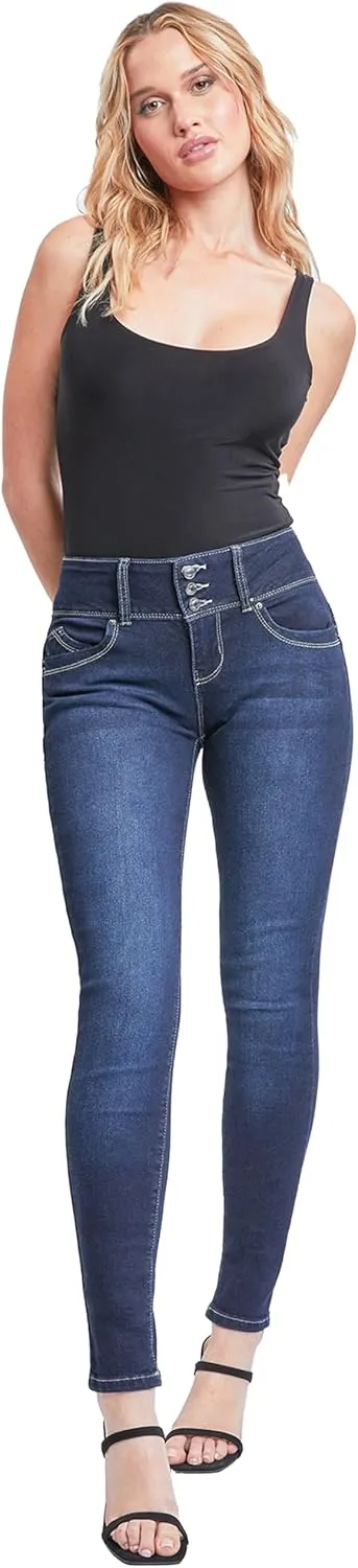 YMI Women's Junior Mid-Rise Wannabettabutt 3-Button Recycled Fibers Skinny Jeans