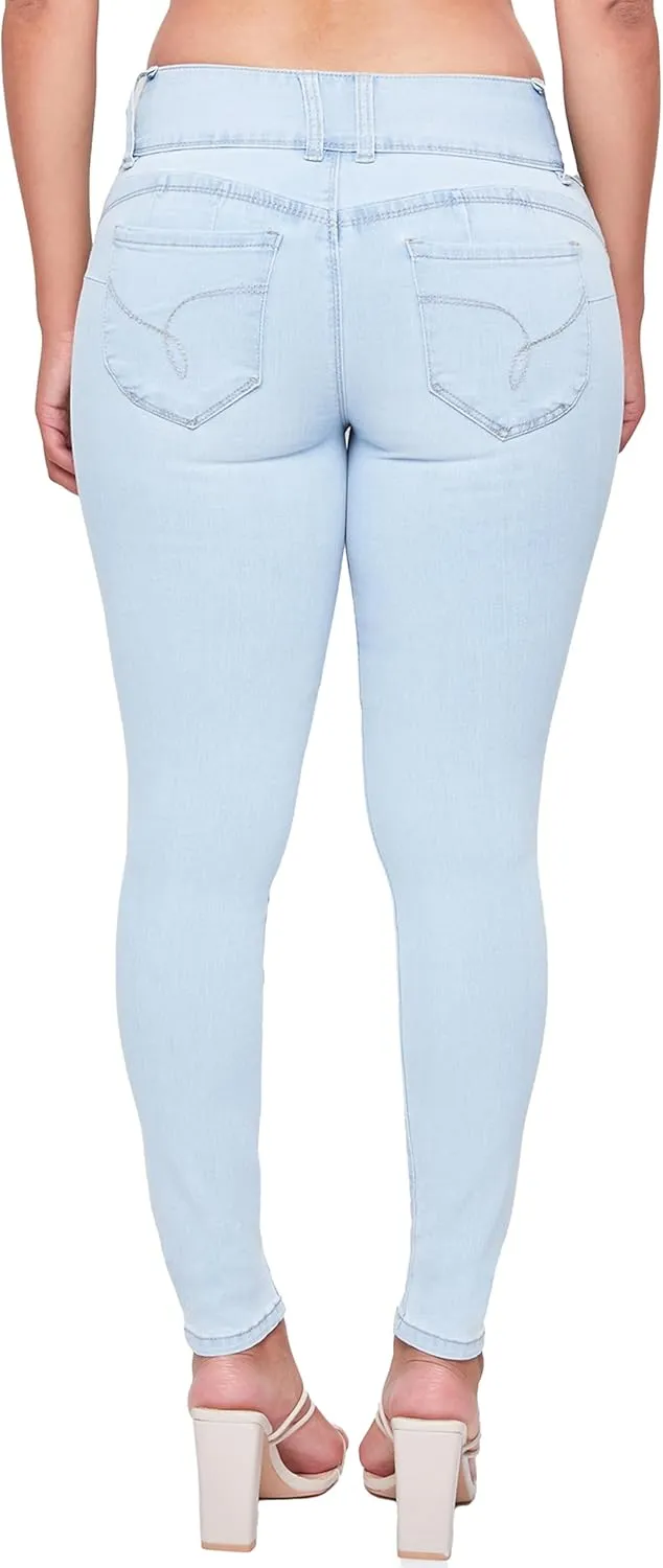 YMI Women's Junior Mid-Rise Wannabettabutt 3-Button Recycled Fibers Skinny Jeans