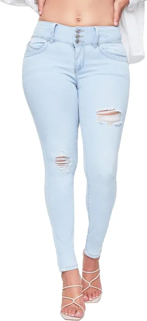 YMI Women's Junior Mid-Rise Wannabettabutt 3-Button Recycled Fibers Skinny Jeans
