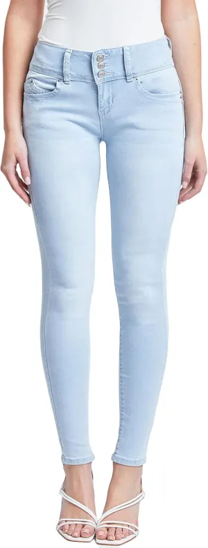 YMI Women's Junior Mid-Rise Wannabettabutt 3-Button Recycled Fibers Skinny Jeans