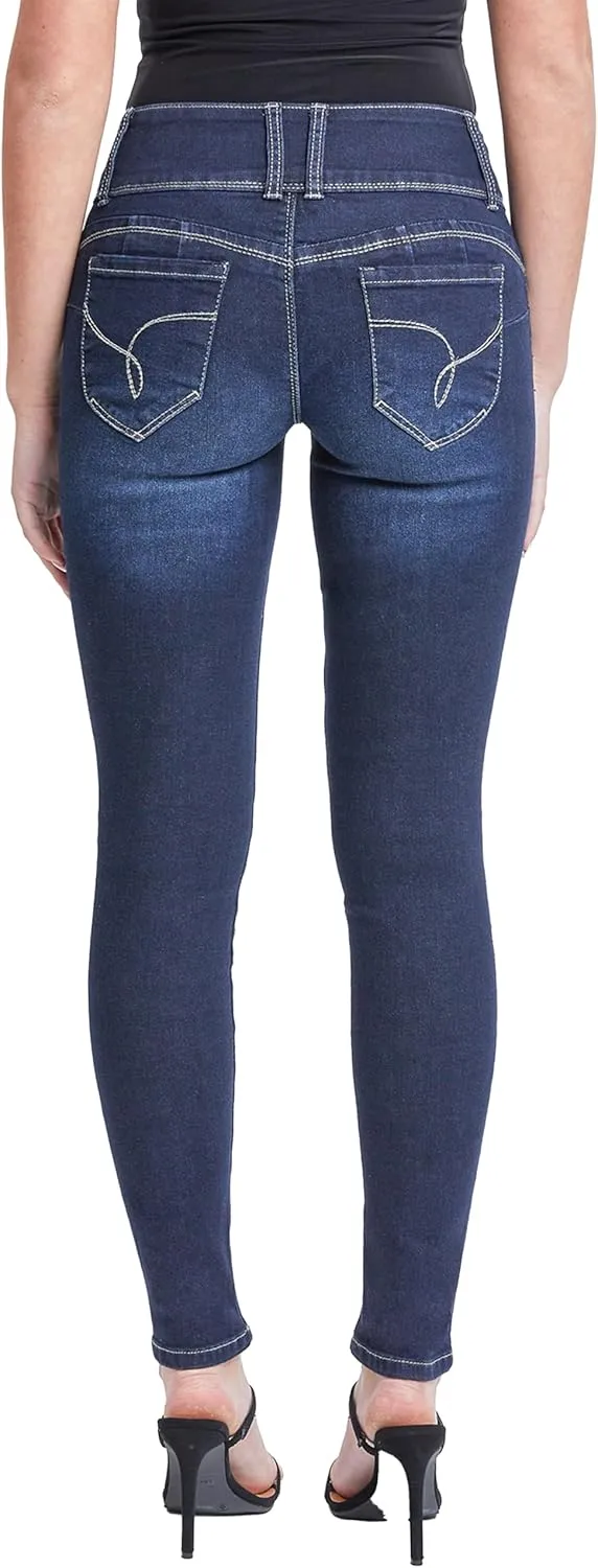 YMI Women's Junior Mid-Rise Wannabettabutt 3-Button Recycled Fibers Skinny Jeans