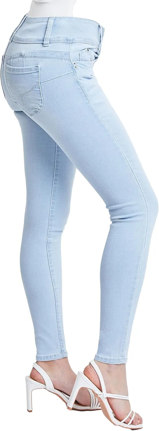 YMI Women's Junior Mid-Rise Wannabettabutt 3-Button Recycled Fibers Skinny Jeans