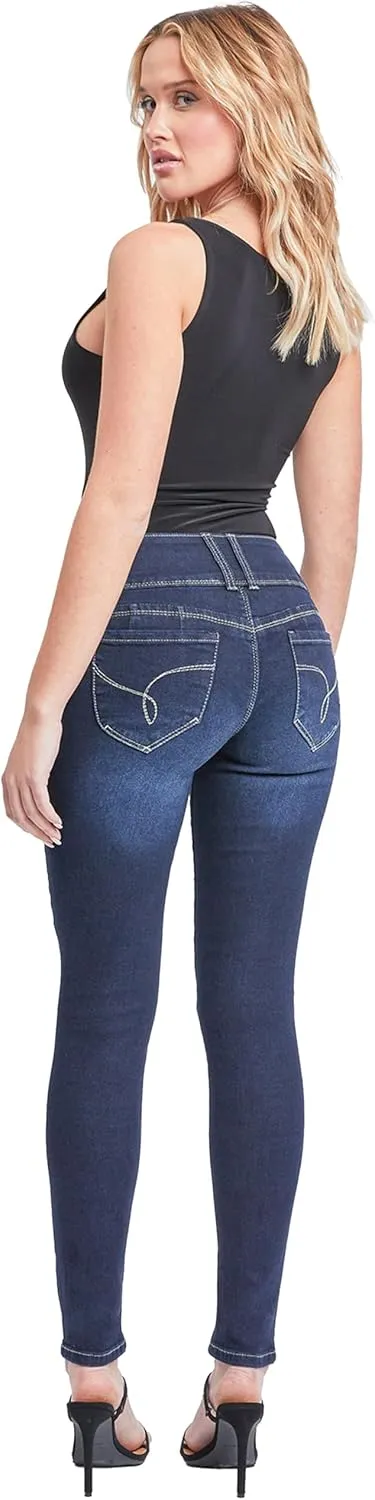 YMI Women's Junior Mid-Rise Wannabettabutt 3-Button Recycled Fibers Skinny Jeans