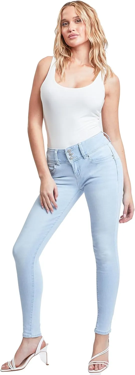 YMI Women's Junior Mid-Rise Wannabettabutt 3-Button Recycled Fibers Skinny Jeans