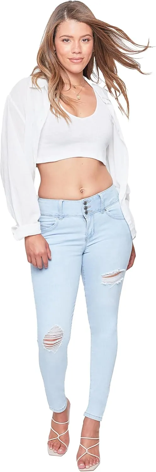 YMI Women's Junior Mid-Rise Wannabettabutt 3-Button Recycled Fibers Skinny Jeans