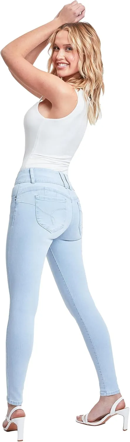 YMI Women's Junior Mid-Rise Wannabettabutt 3-Button Recycled Fibers Skinny Jeans