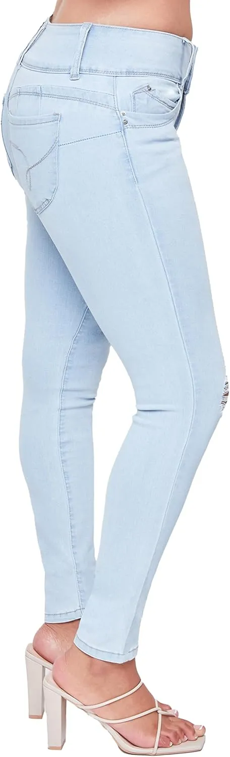 YMI Women's Junior Mid-Rise Wannabettabutt 3-Button Recycled Fibers Skinny Jeans