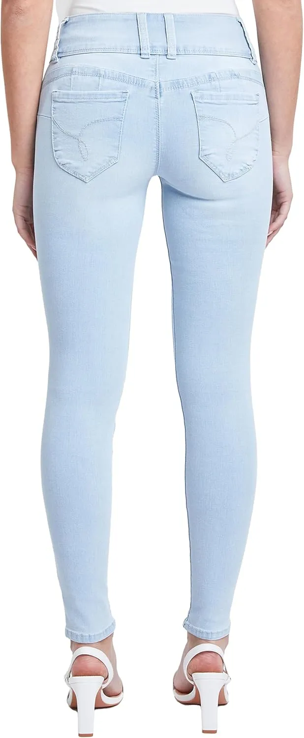 YMI Women's Junior Mid-Rise Wannabettabutt 3-Button Recycled Fibers Skinny Jeans