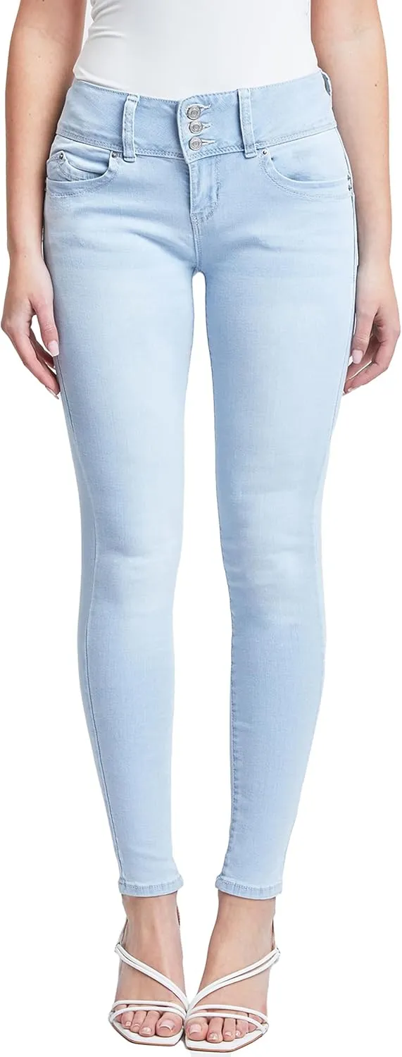 YMI Women's Junior Mid-Rise Wannabettabutt 3-Button Recycled Fibers Skinny Jeans