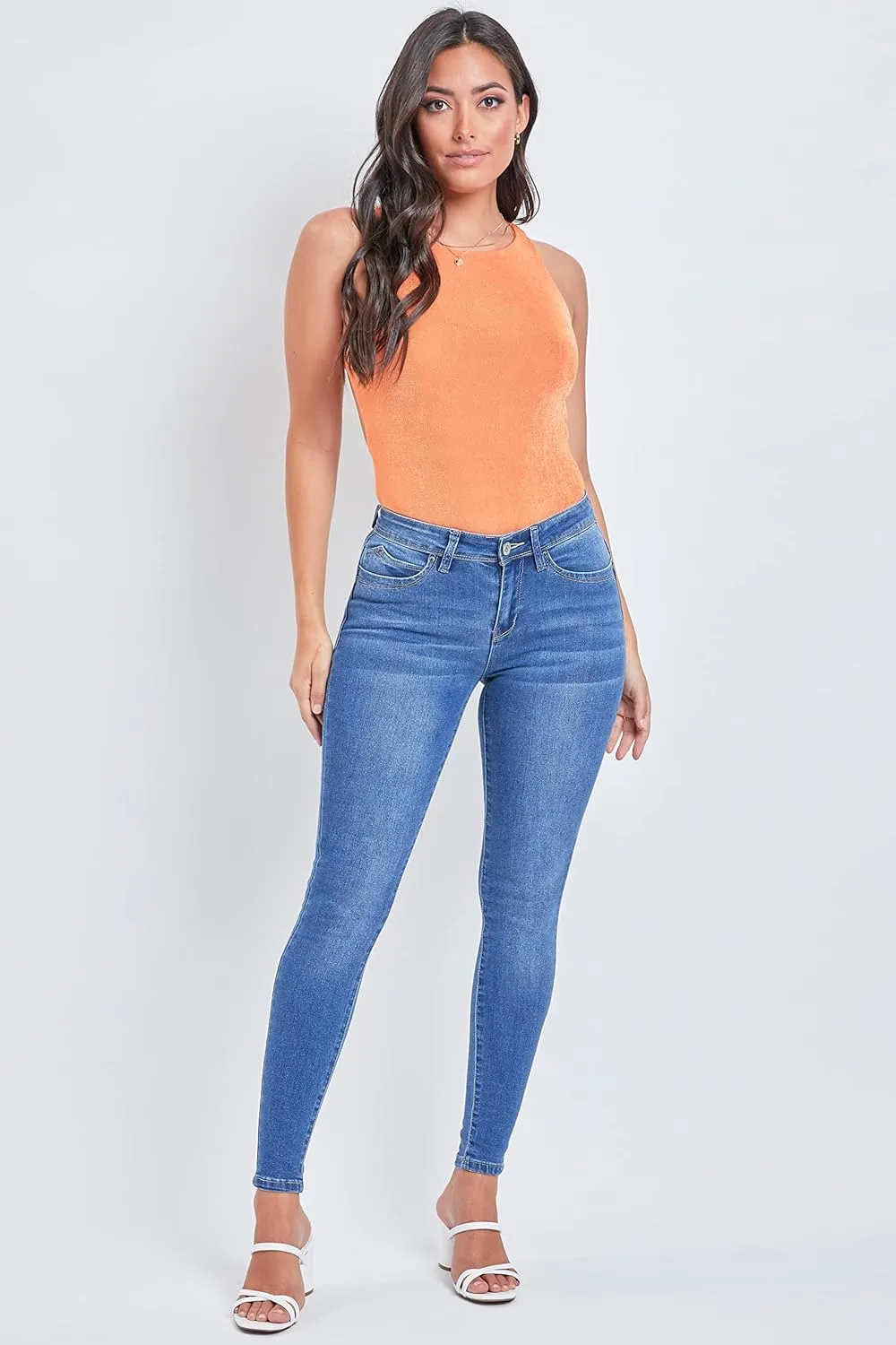 YMI Women's Juniors Mid-Rise Wannabettabutt Recycled Fibers Skinny Jeans