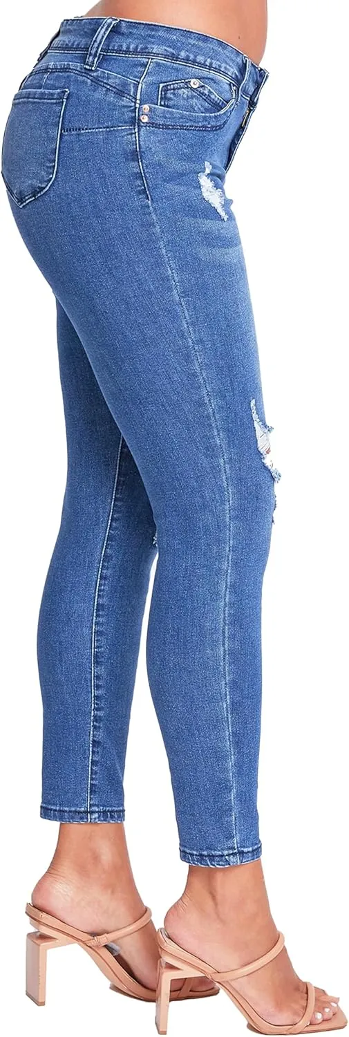 YMI Women's Juniors Mid-Rise Wannabettabutt Recycled Fibers Skinny Jeans
