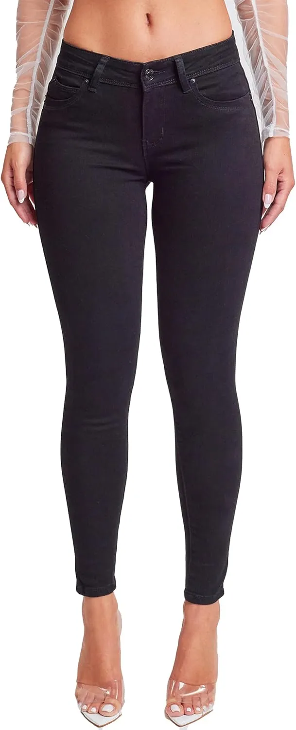 YMI Women's Juniors Mid-Rise Wannabettabutt Recycled Fibers Skinny Jeans